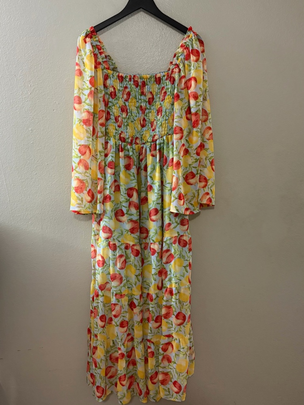 NWT ELOQUII Fruit Peach Lemon Print Smocked Bell Sleeve Tiered Maxi Dress 14/16